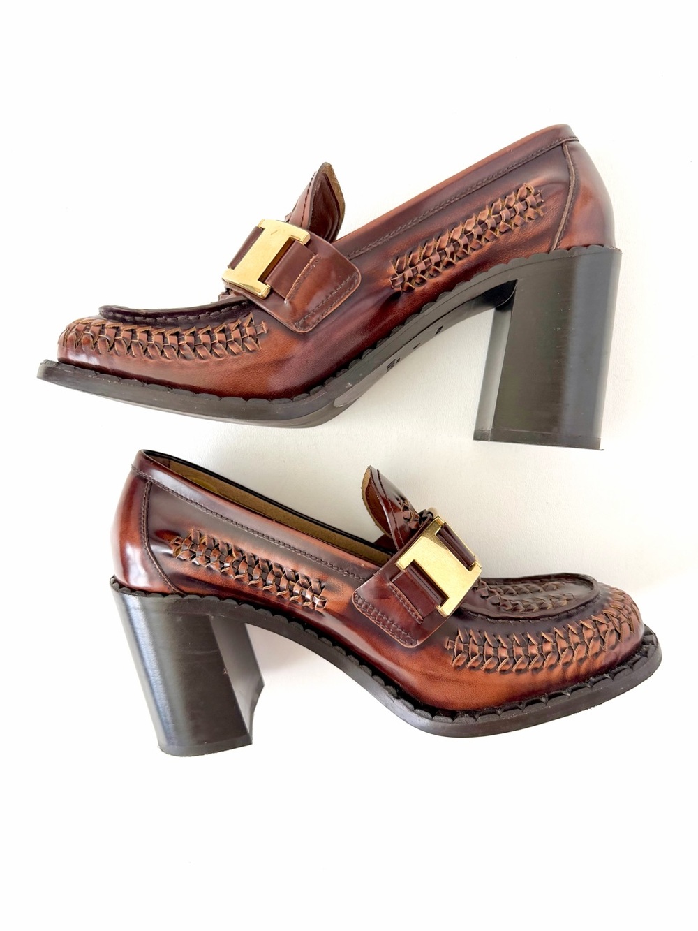 PRADA | Spring 2020 Runway Woven Leather
Block Heel Loafers Brown Gold Logo 40 - Picture 6 of 14